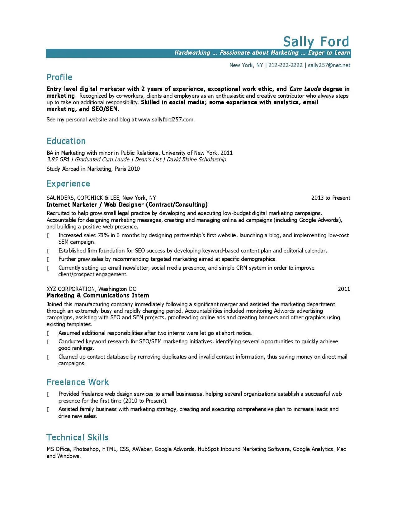 sample resume for entry level marketing position