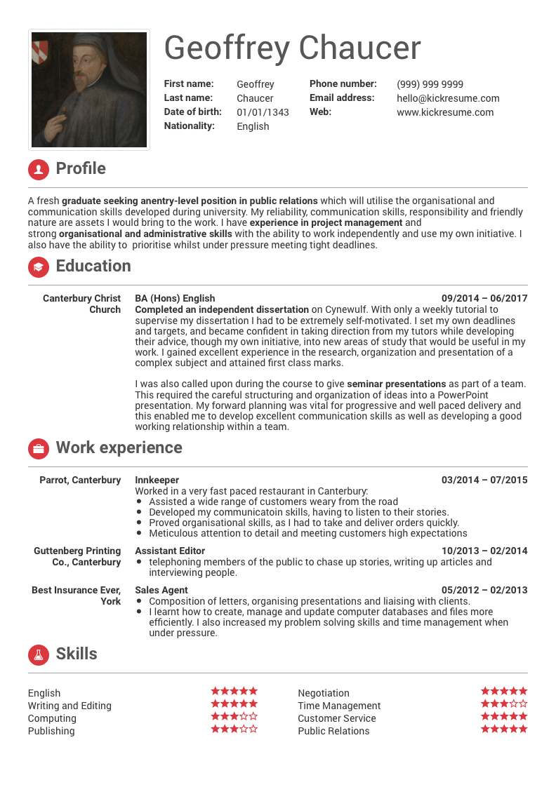 student resume sample english