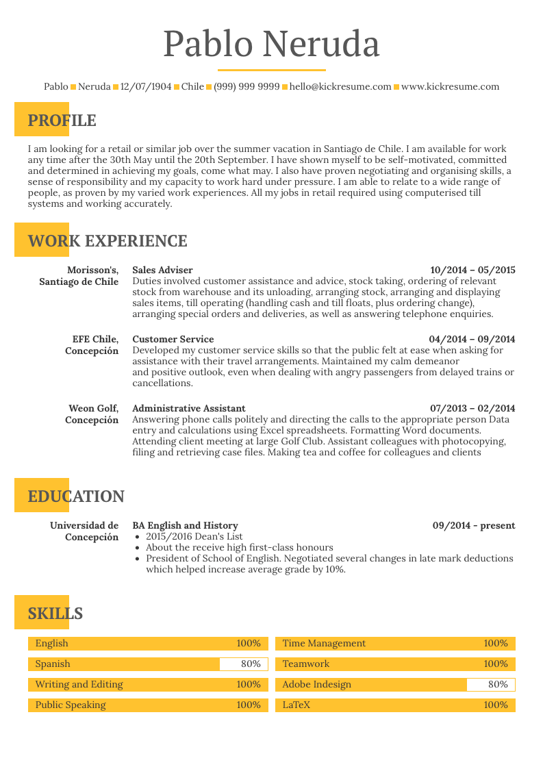 student resume sample summer job