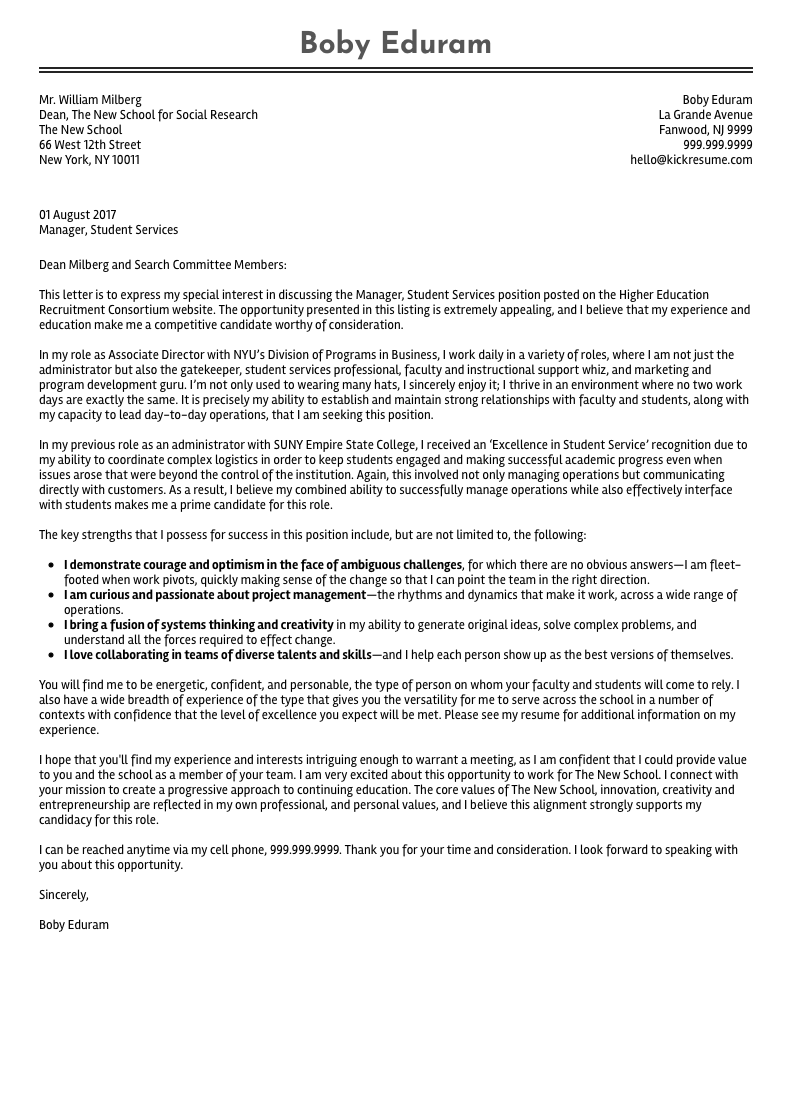 NYU Associate Director Cover Letter Example