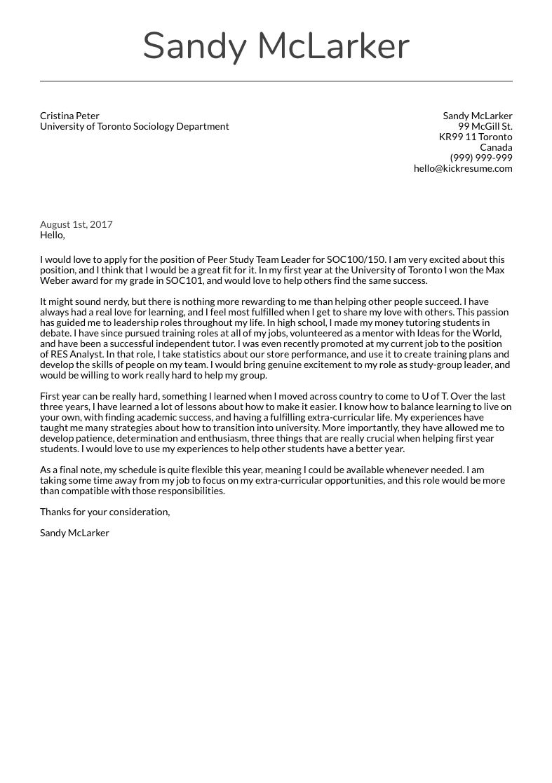 cover letter examples uoft