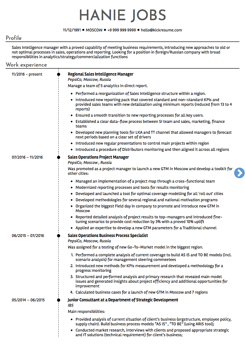 Pepsico: Intelligence Manager Resume Example