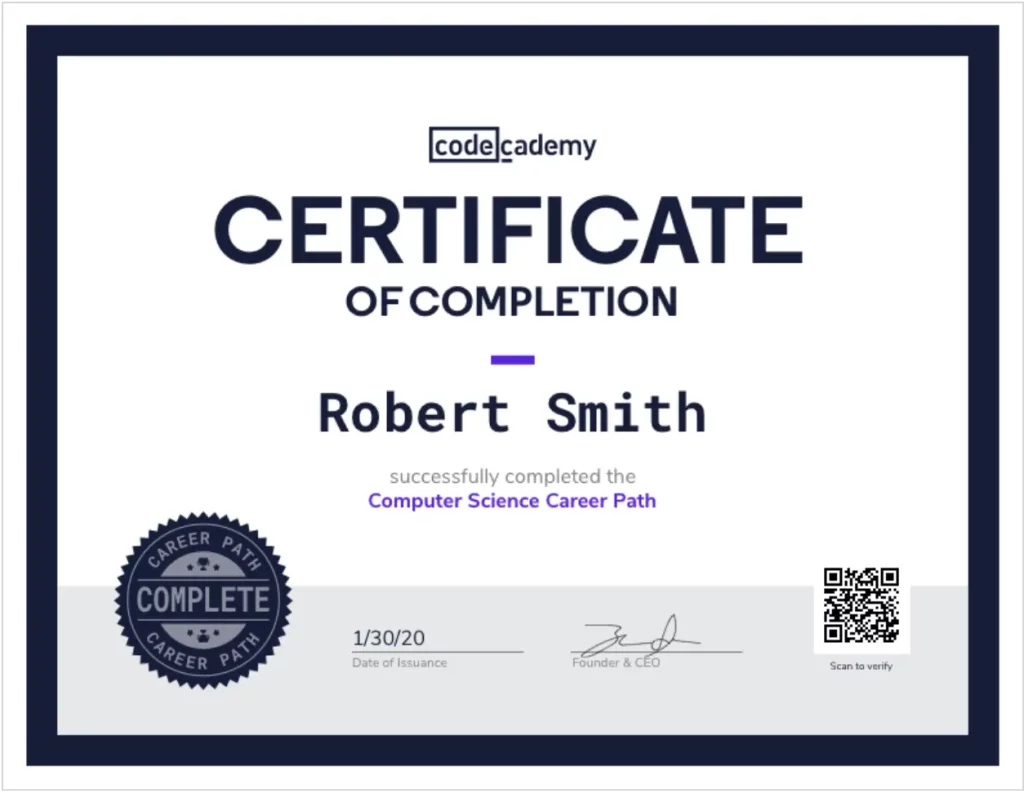 codeacademy certificate example