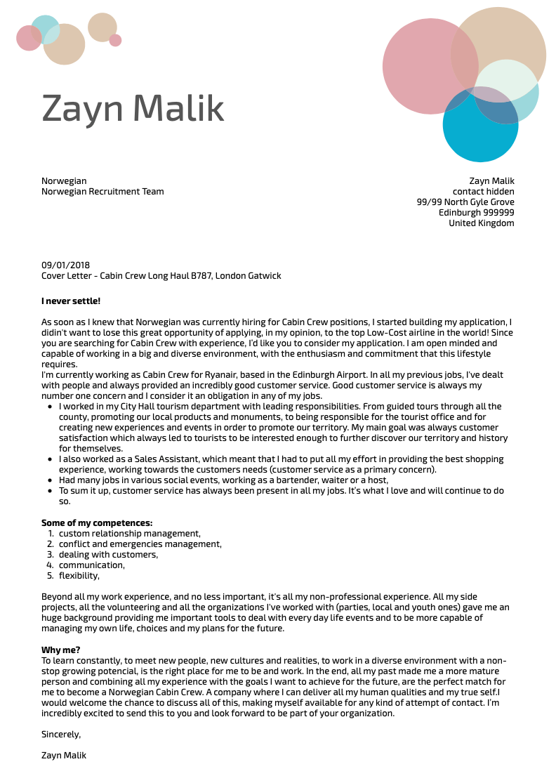 Norwegian Cabin Crew Cover Letter Sample