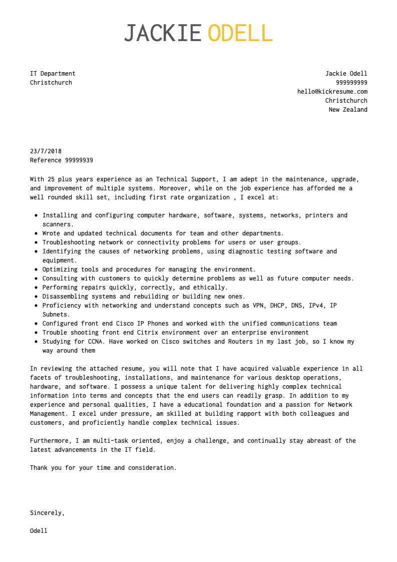 T-Mobile Senior Technical Support Specialist Cover Letter Sample