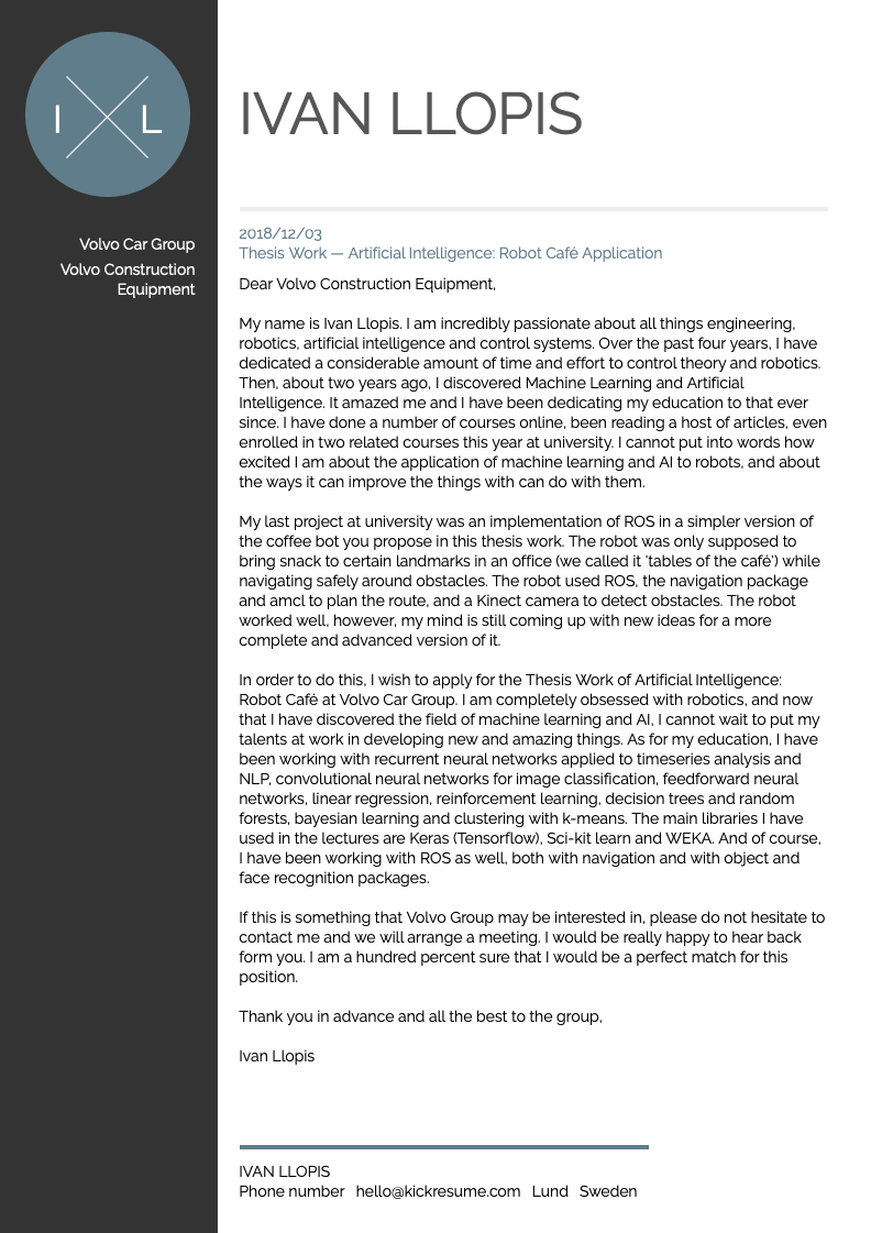 Volvo Machine Learning Intern Cover Letter Sample