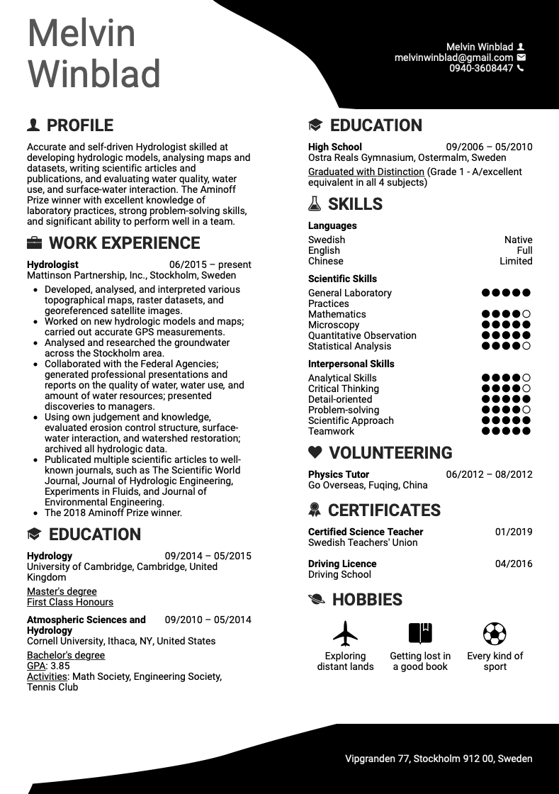 Hydrologist Resume Sample