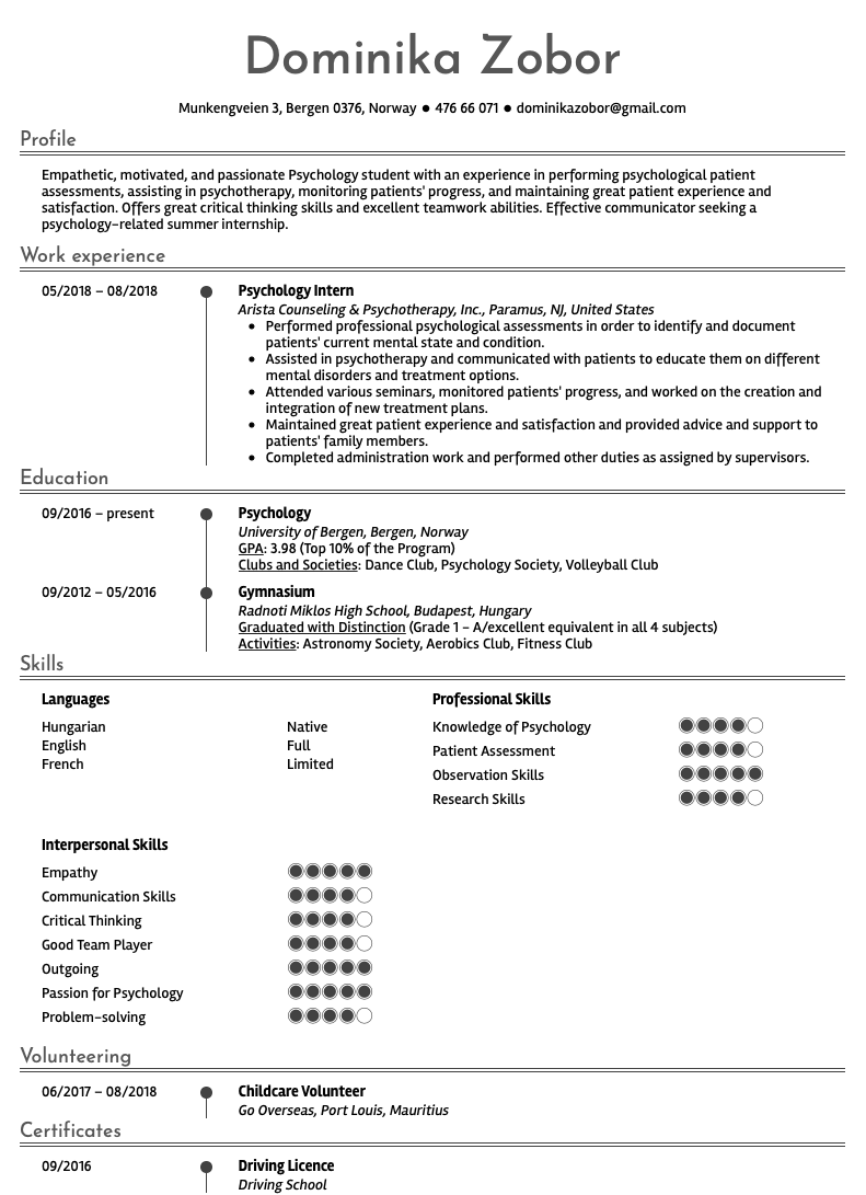 resume example psychology student