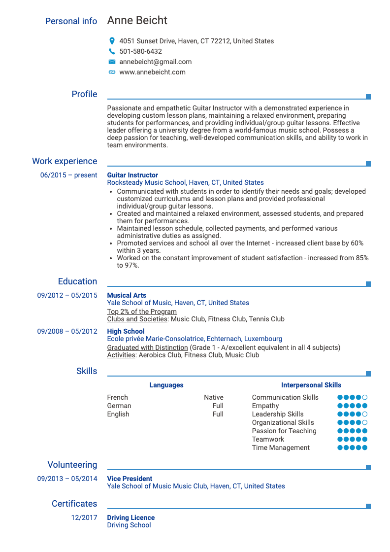 Guitar Instructor Resume Sample