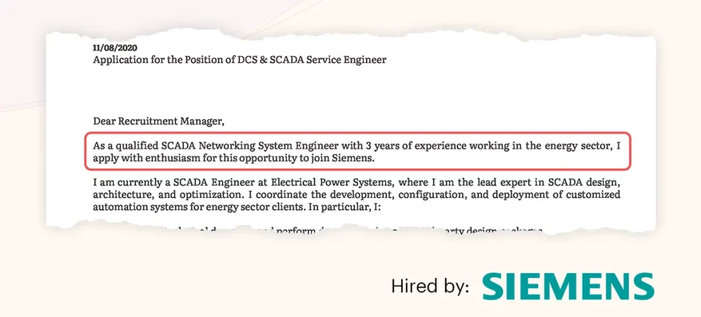 Example of cover letter introduction Siemens