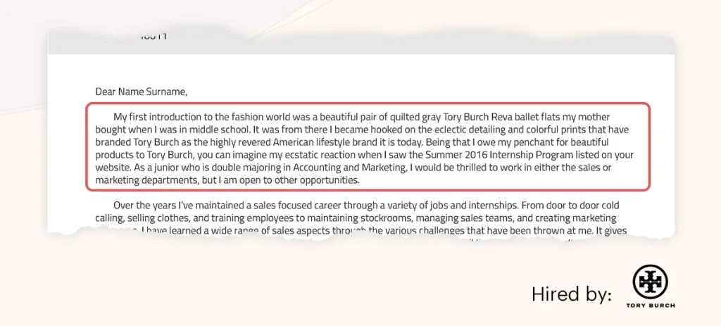 Example of cover letter introduction Tory Burch