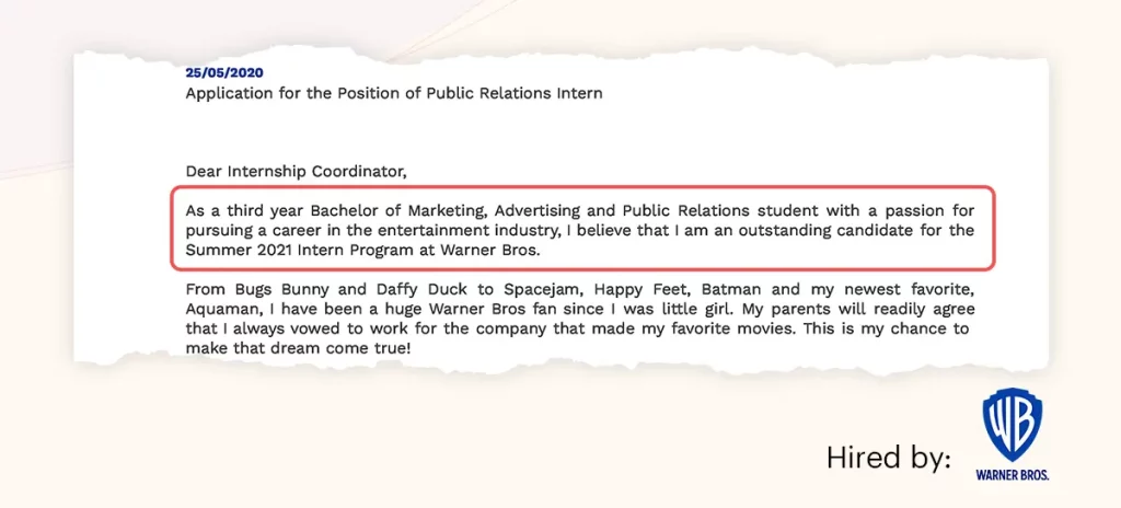 Example of cover letter introduction Warner Bros