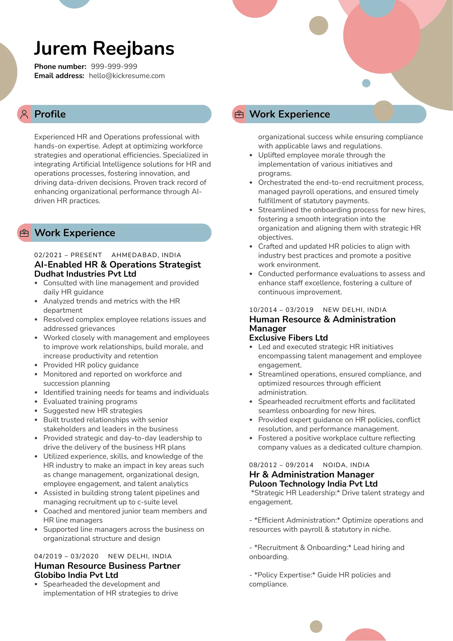 HR Operations Manager resume sample