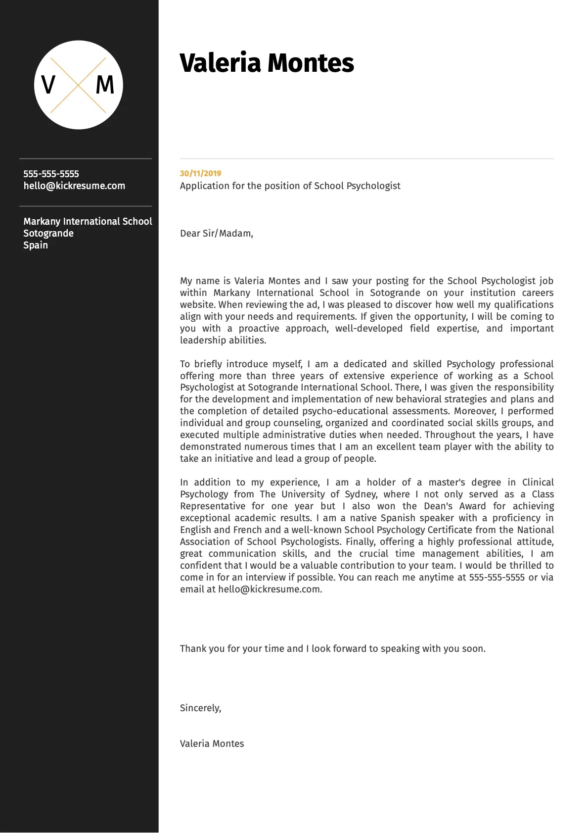 School psychologist cover letter example
