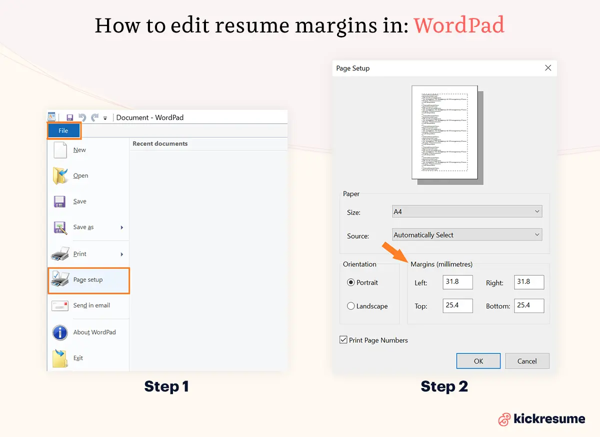 how to edit resume margins in wordpad