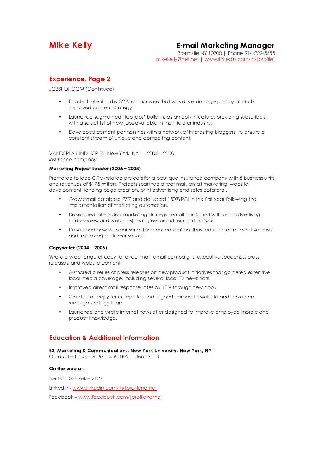 Email Marketing Manager resume example