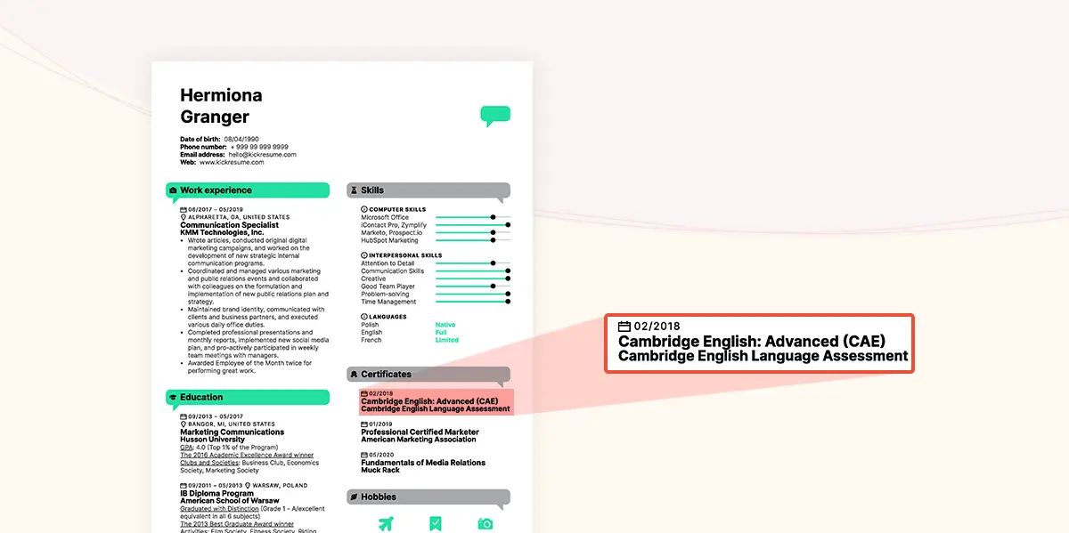 Language skills resume example