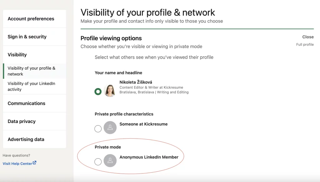 how to set up private mode on linkedin