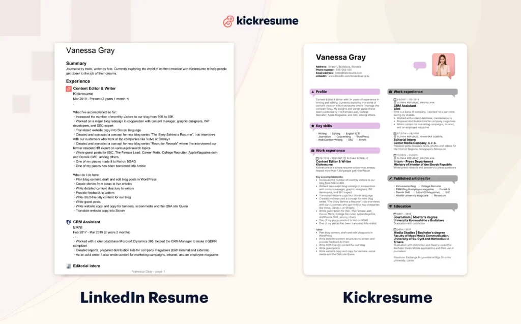linkedin resume vs kickresume