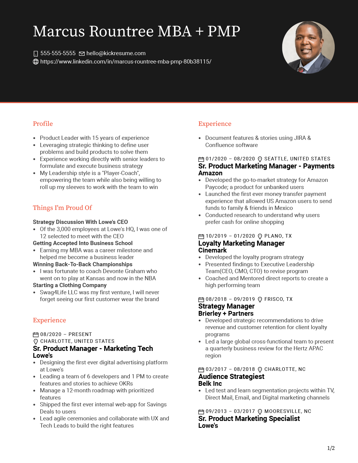 senior product manager at lowe's resume example